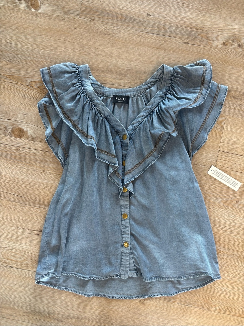 Fate Washed Blue Ruffle Button-Front Blouse
